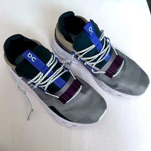 On Running Women's Gray Mesh Sneakers with Blue and Purple Accents